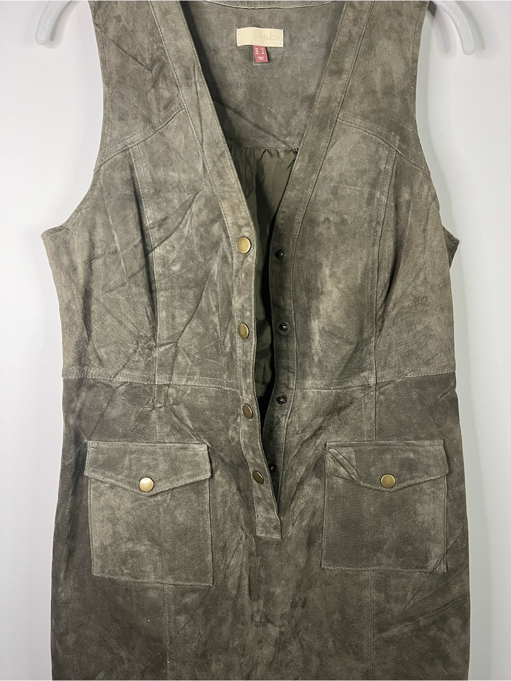 Pilcro Anthropologie Olive Green 100% Suede Leather Sleeveless Mini Dress Size 8 - Picture 10 of 13